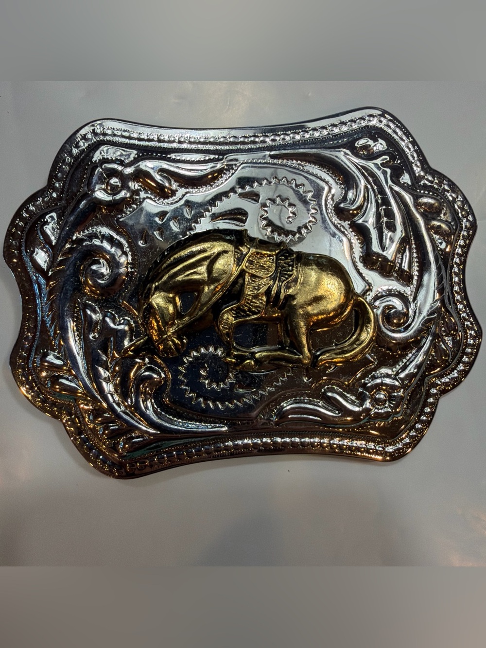 VINTAGE Western HORSE STALLION BUCKLE, Gold Silver Tone, 3D Metal  3.5” x 2.5”